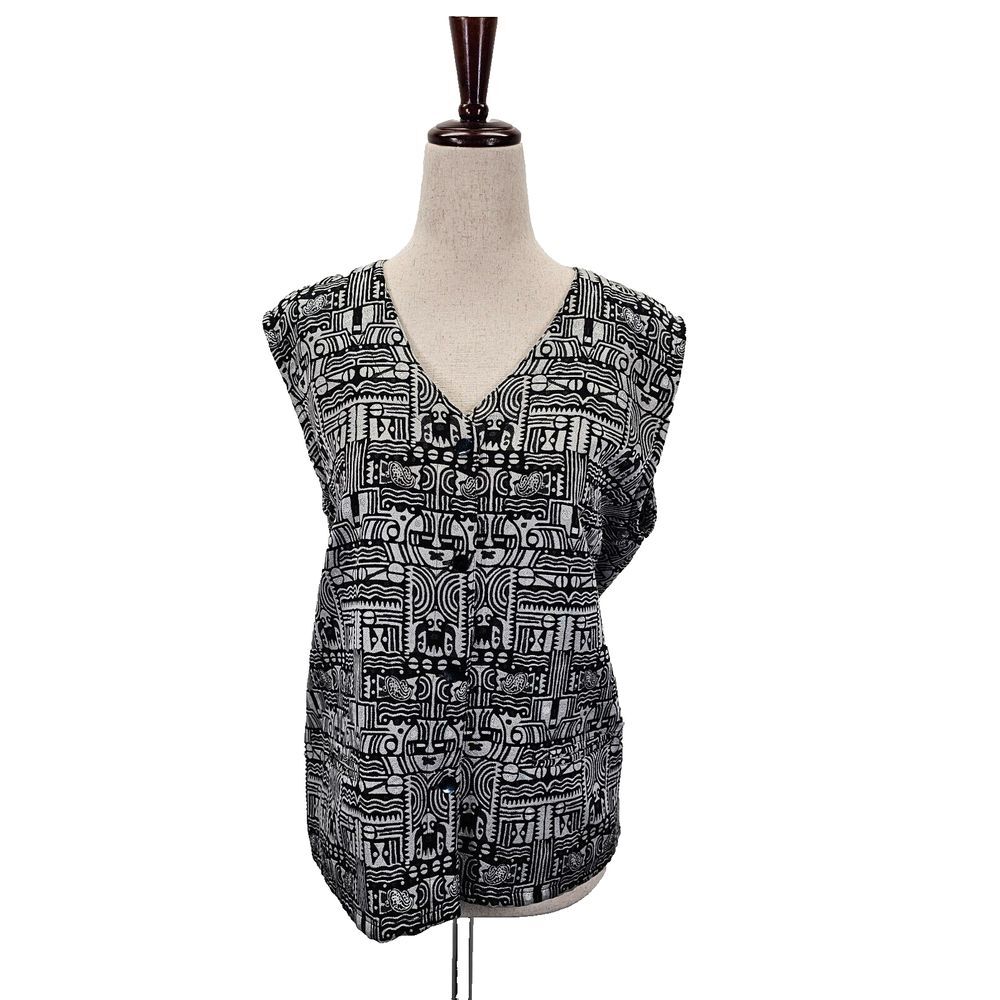 Chico's Tika Briana‎ Vest Women's Size 2 Black/White Aztec Pattern Tapestry  EUC